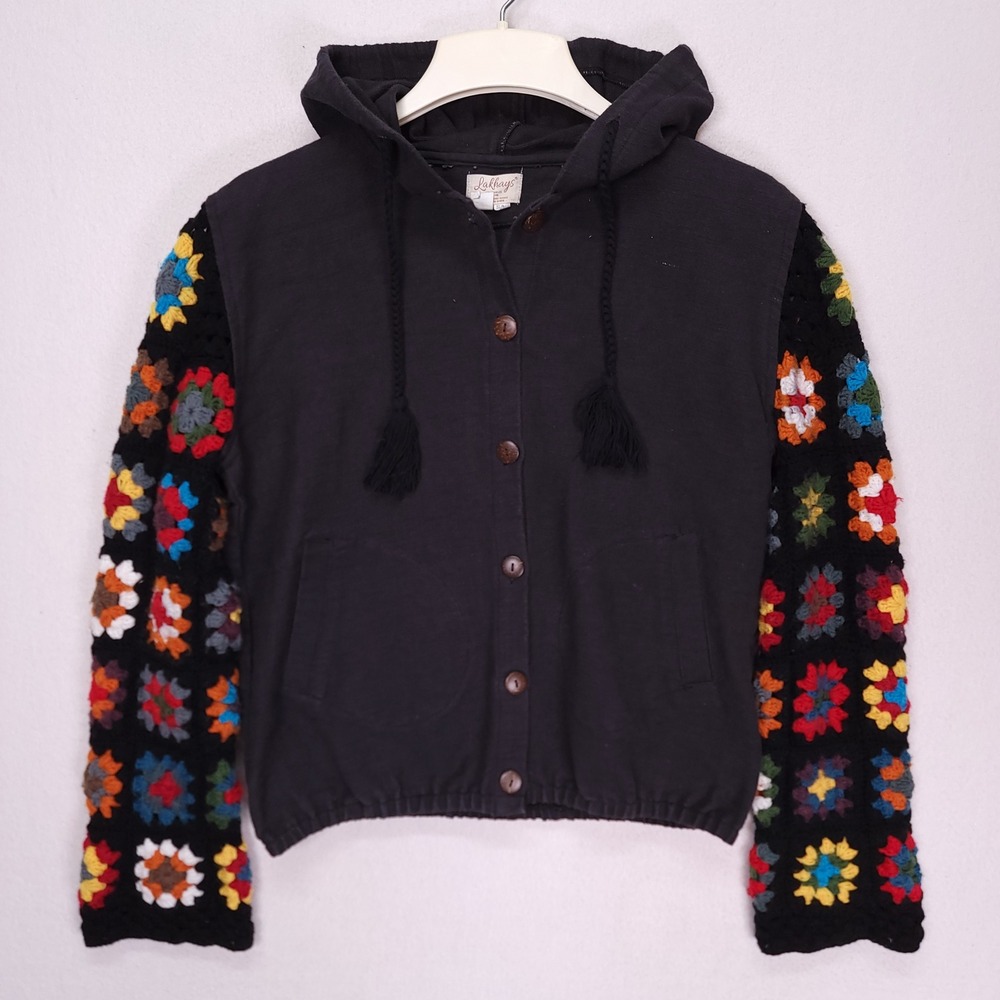 Lakhays Crochet Granny Square Sleeve Hoodie Black Hippie Boho Women S/M